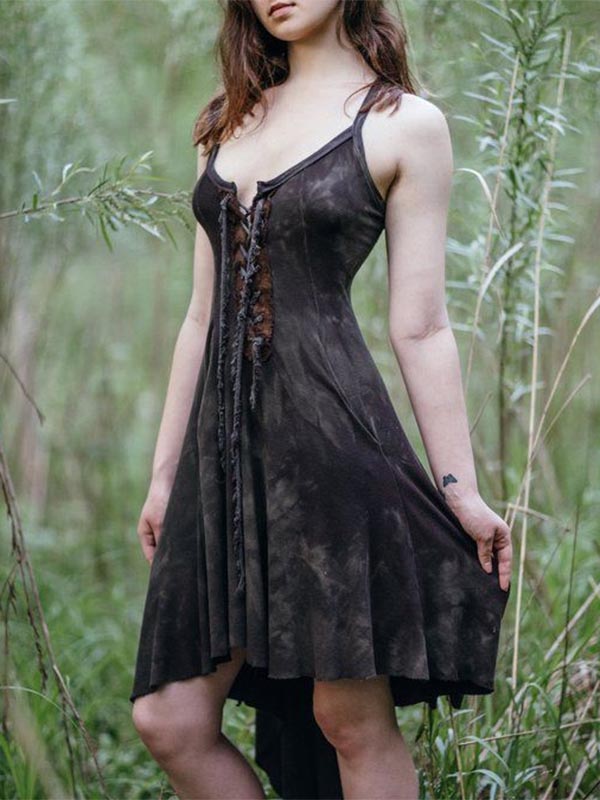 Damen Lace-Up Retro Tribal Plissee Kleid