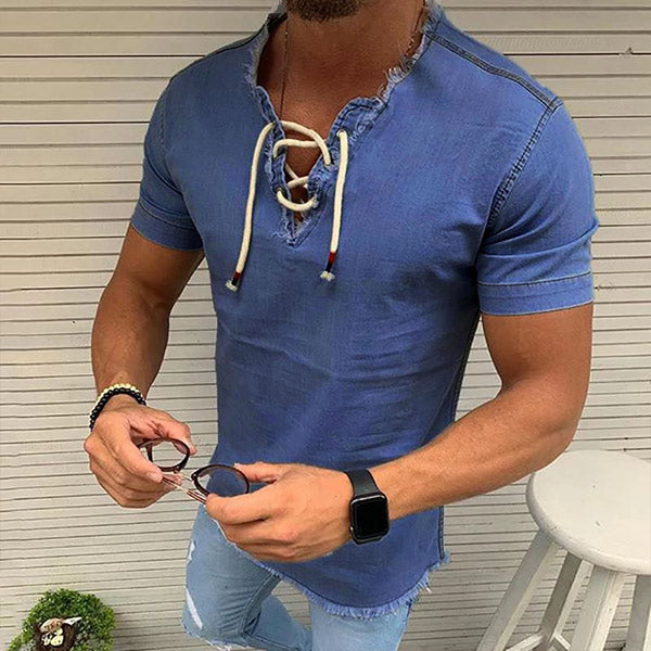 Herrenmode V-Ausschnitt Schnürung Kurzarm T-Shirt