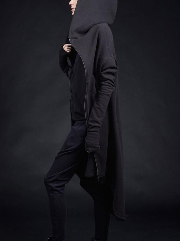 Abrigo suelto irregular negro para mujer con cremallera y capucha