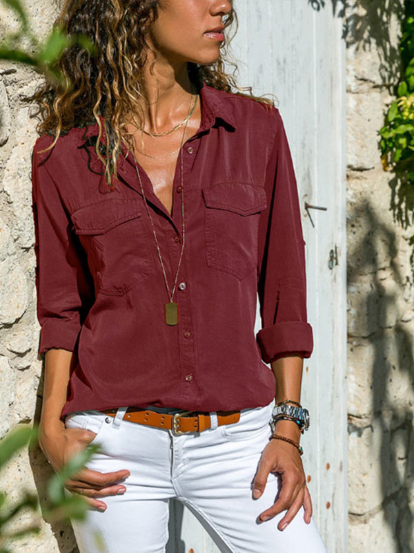 Camisa casual de manga larga y solapa firme para mujer.