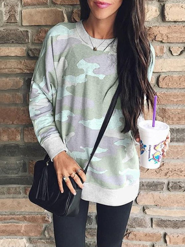 Cuello redondo estampado camuflaje para mujer con manga larga