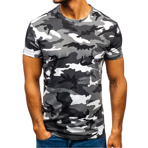Camisa de cuello redondo con estampado de camuflaje para hombre