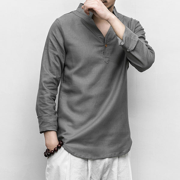 Herren Langarmhemd aus Baumwolle aus Leinen mit V-Ausschnitt