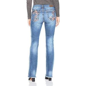 Jeans florales bordados, pirateados y elásticos
