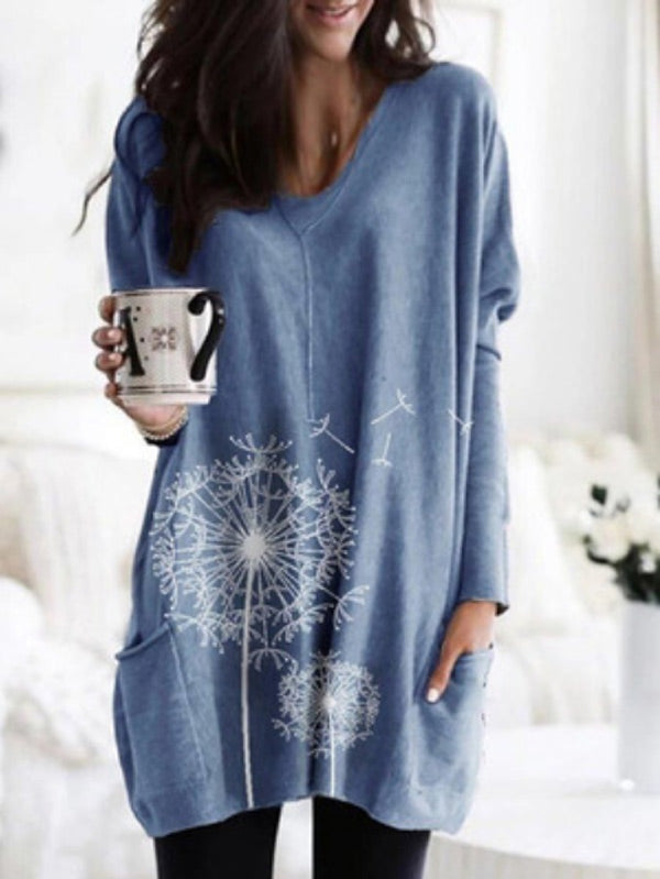 Bolsillos con estampado de diente de león para mujer con cuello redondo y manga larga