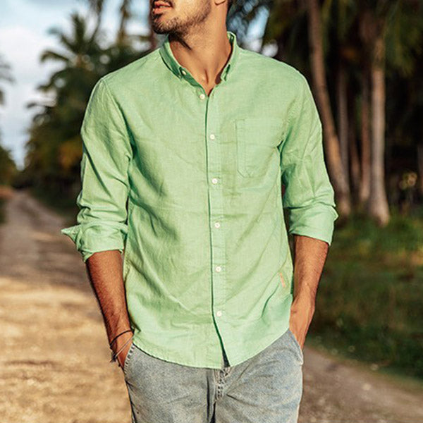 Herren Casual Cotton Leinen Revers Langarmhemd