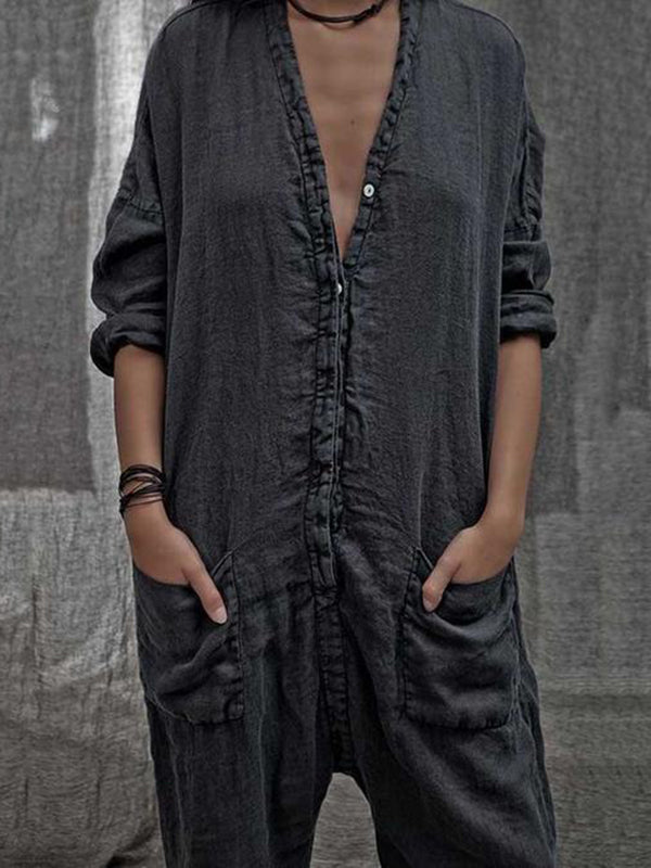 Traje casual de mujer en color liso con manga larga y cuello en V