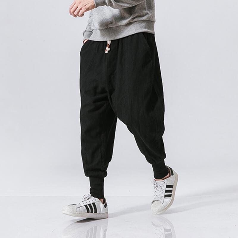 Pantalones japoneses transpirables para hombres hechos de lino holgado estilo callejero