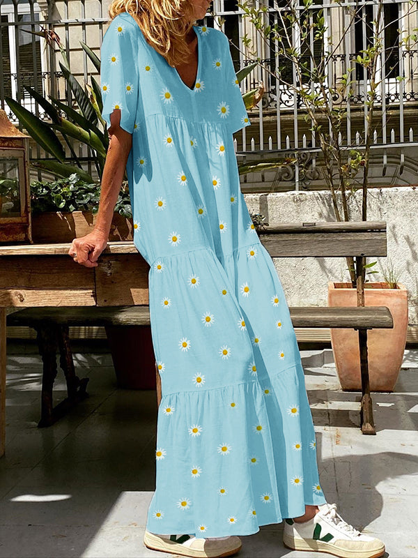 Nettes Gänseblümchen-Kurzarm-Maxikleid