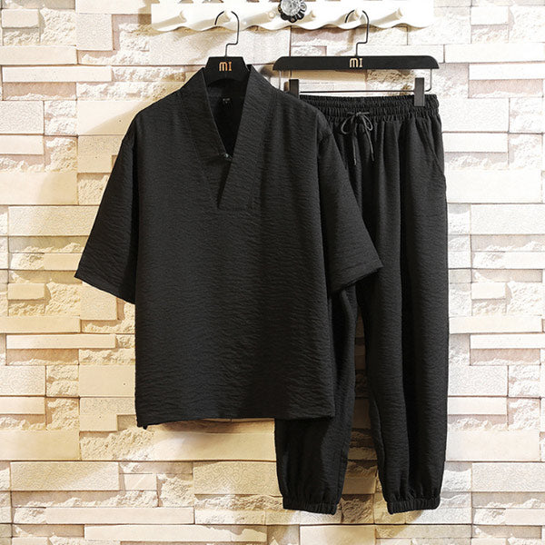 Conjunto informal de pantalones con cuello en V de lino para hombres