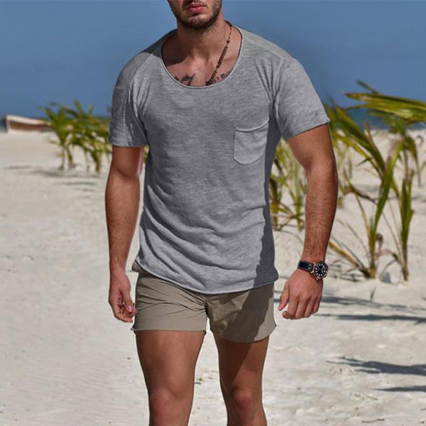 Vienos spalvos vyriški marškinėliai vientisos spalvos kaklo trumpomis rankovėmis