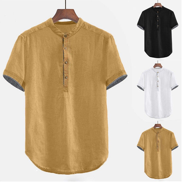 Camisa de hombre en color contrastante con manga corta en algodón y lino.