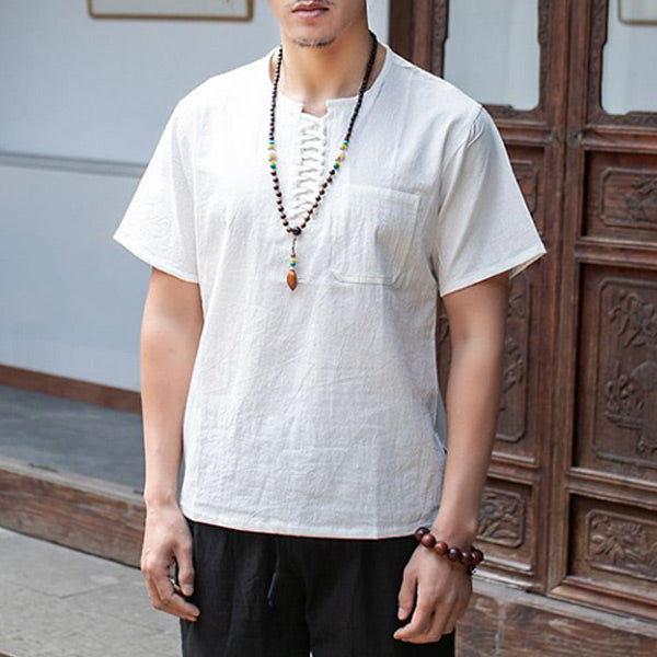 Camisa de hombre de manga corta de algodón y lino.