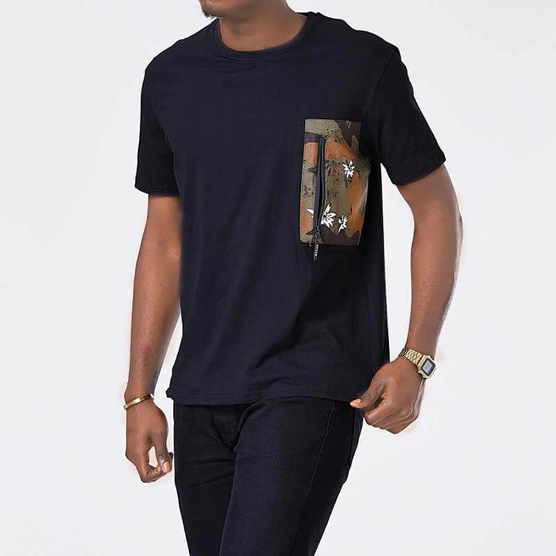 Paprastos kamufliažinės atspausdintos kišenės trumpomis rankovėmis iš medvilnės-juodų vyrams