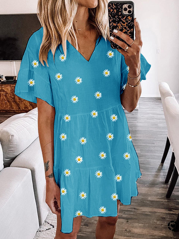 Kleines Gänseblümchen gekräuseltes Saumkleid mit V-Ausschnitt