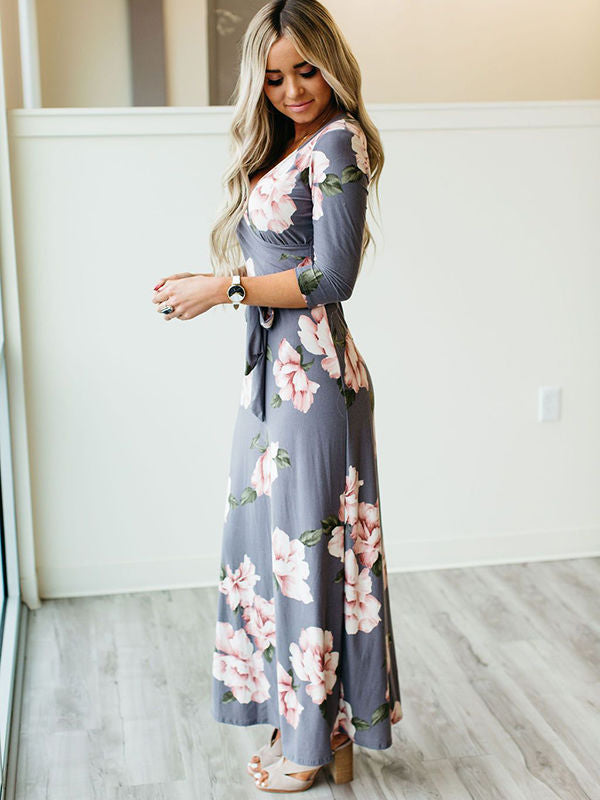 Sexy  Maxi-Kleid mit V-Ausschnitt und Blumendruck