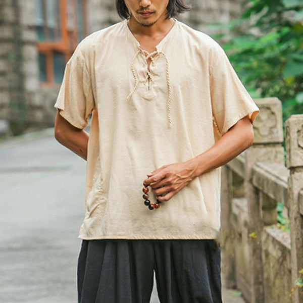 Camiseta retro de algodón y lino estampada para hombre con manga corta