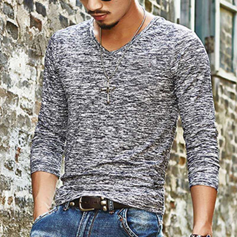 Vyriški marškiniai marškinėliais iš paprastų v formos kaklo ilgomis rankovėmis