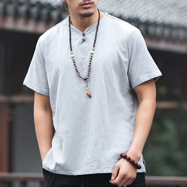 Solid color t-shirt with solid color button in cotton and linen for men