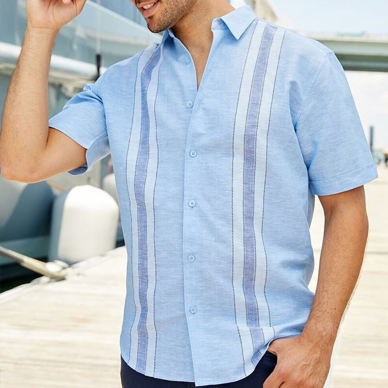 Herren Wide Striped Summer Cool Bequeme Kurzarm-Baumwoll-Leinenhemden