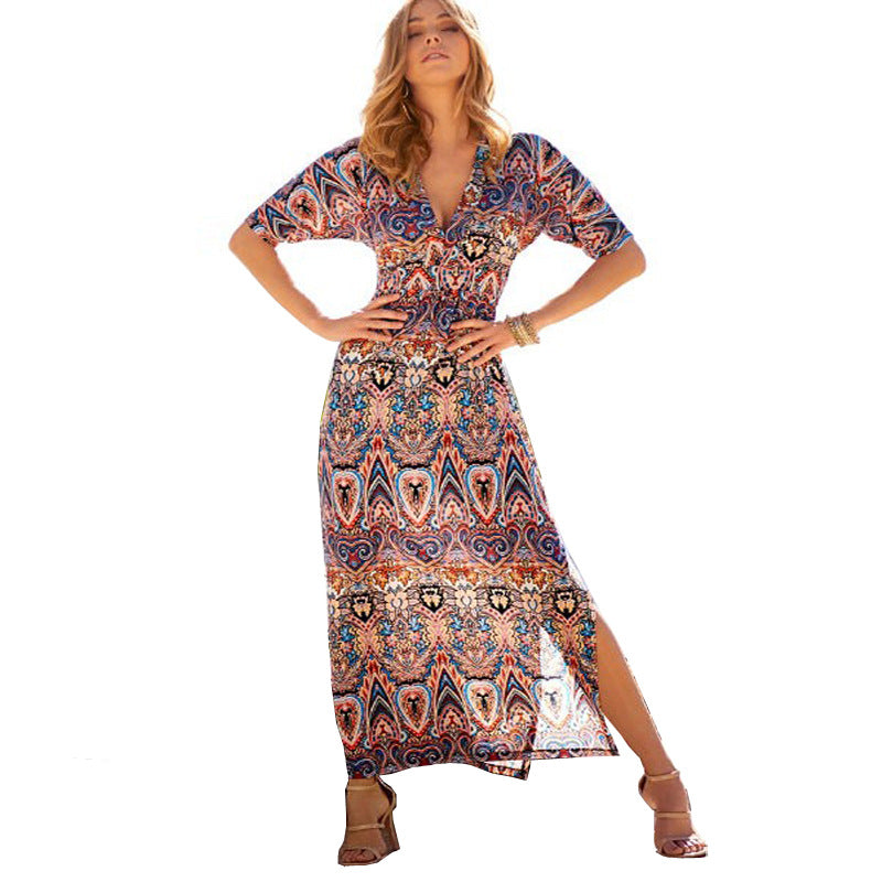 Langarm-Swing-Kleid mit V-Ausschnitt und Boho-Print