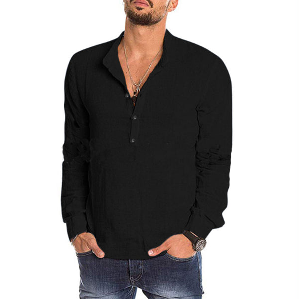 Plain long-sleeved t-shirt with a stand-up collar made of washed cotton and linen for men