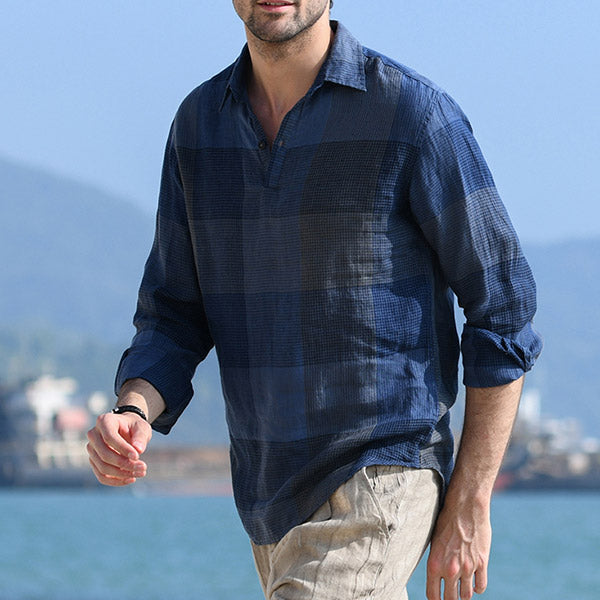 Vyriški retro atsitiktiniai plediniai lininiai marškiniai