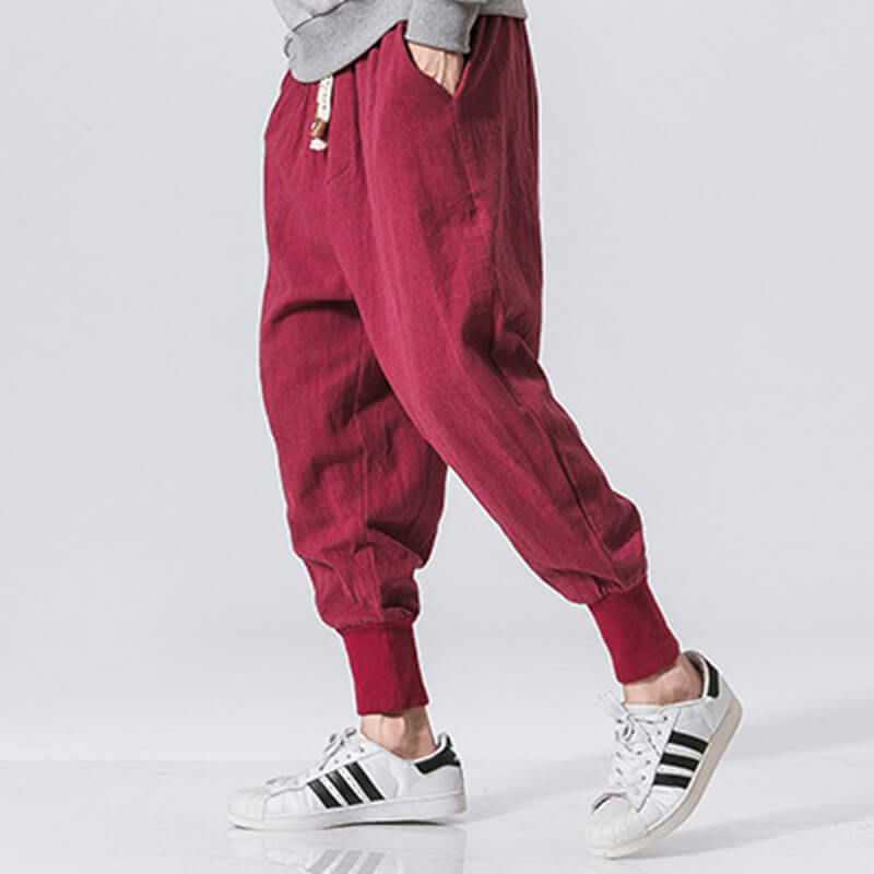 Pantalones japoneses transpirables para hombres hechos de lino holgado estilo callejero