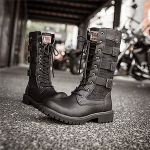 Round Head Knight Boots Belt Buckle High Tube Men&#39;s Boots