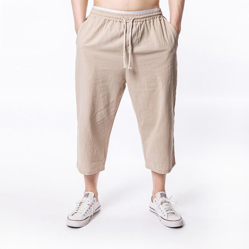 Cordones sueltos cómodos de color sólido para hombres de verano de pantalones de lino claro