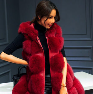 Solid Detachable Sleeve Hooded Fur Vest