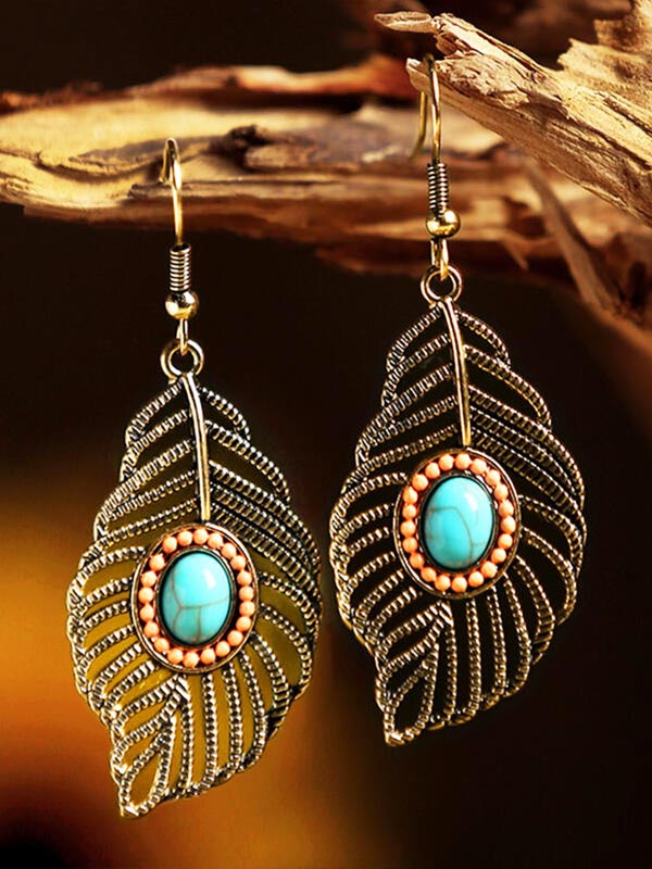 Pendientes turquesa de plumas de hoja hueca para mujer