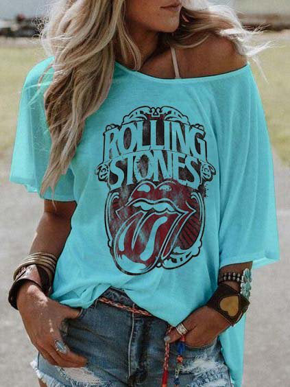 ROLLING STONES Impreso Word Collar Loose Camiseta de mujer