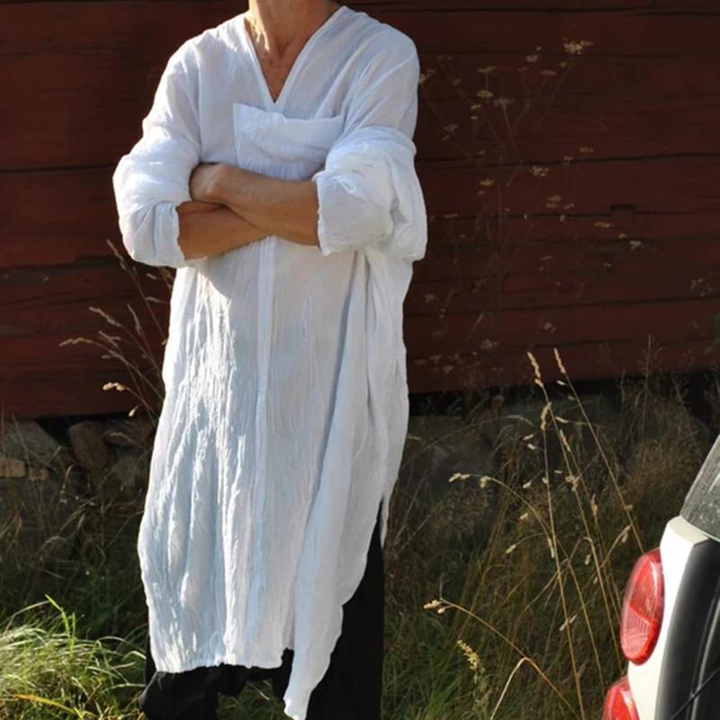 Camisa de lino liviana urbana con cuello en V y manga larga suelta urbana para hombre