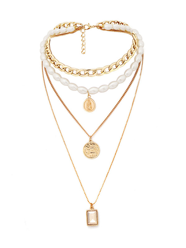 Collar multicapa de perlas con monedas de perlas para mujer