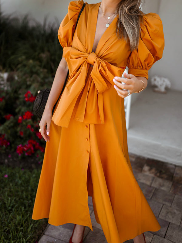 Fliege Puffärmel Button Down Midi Kleid