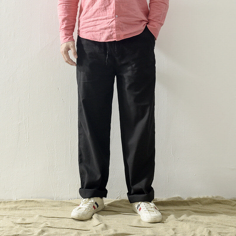 Cordones informales, transpirables y sueltos para hombres, pantalones ligeros de lino natural.