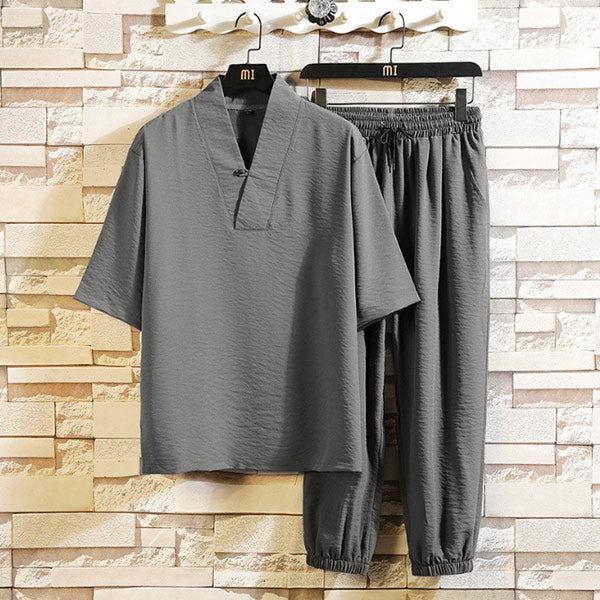 Conjunto informal de pantalones con cuello en V de lino para hombres