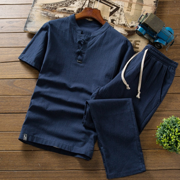 Einfarbiger Kurzarmhosenanzug aus Retro-Baumwolle und Leinen für Herren
