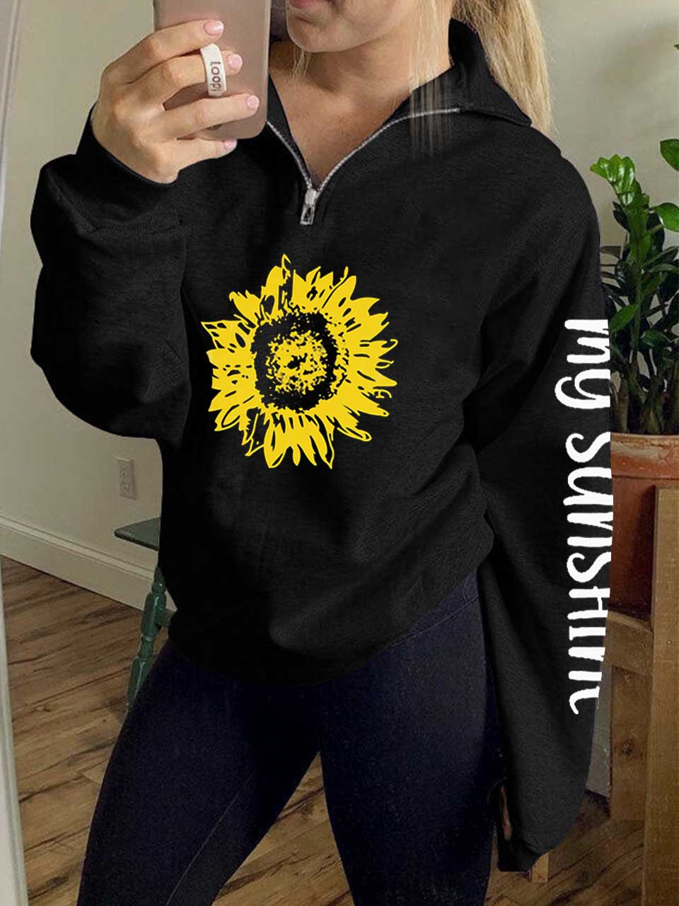 Mein Sunshine Sunflower Print Zip Sweatshirt