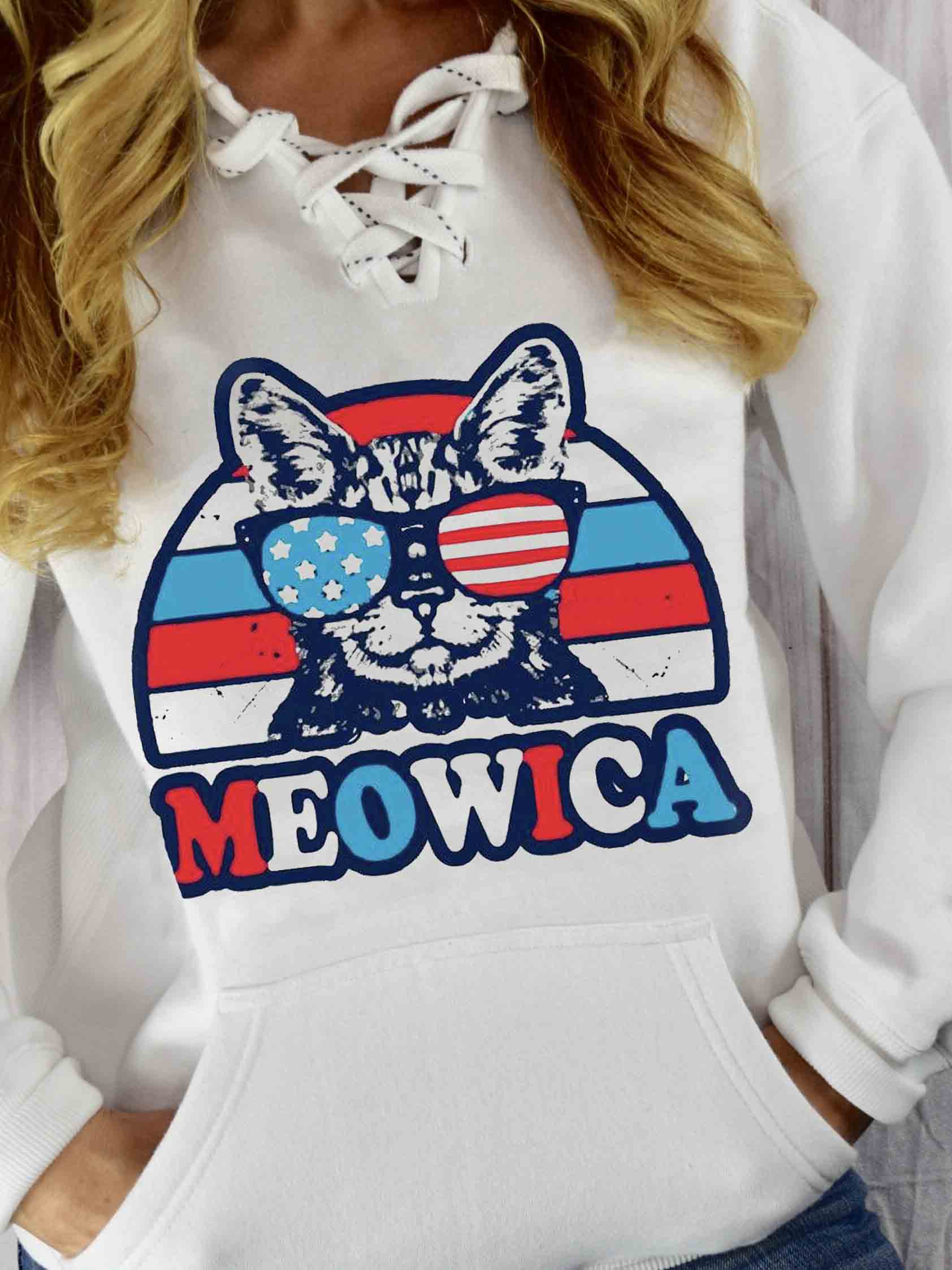 Independence Day Meowica Print Spitzen Hoodie