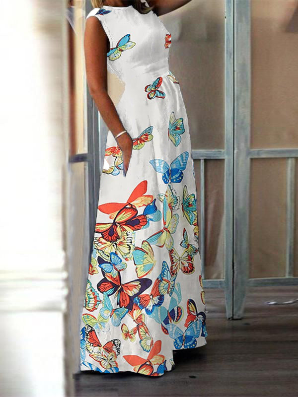 Vestido largo con bolsillos estampados de mariposa para mujer