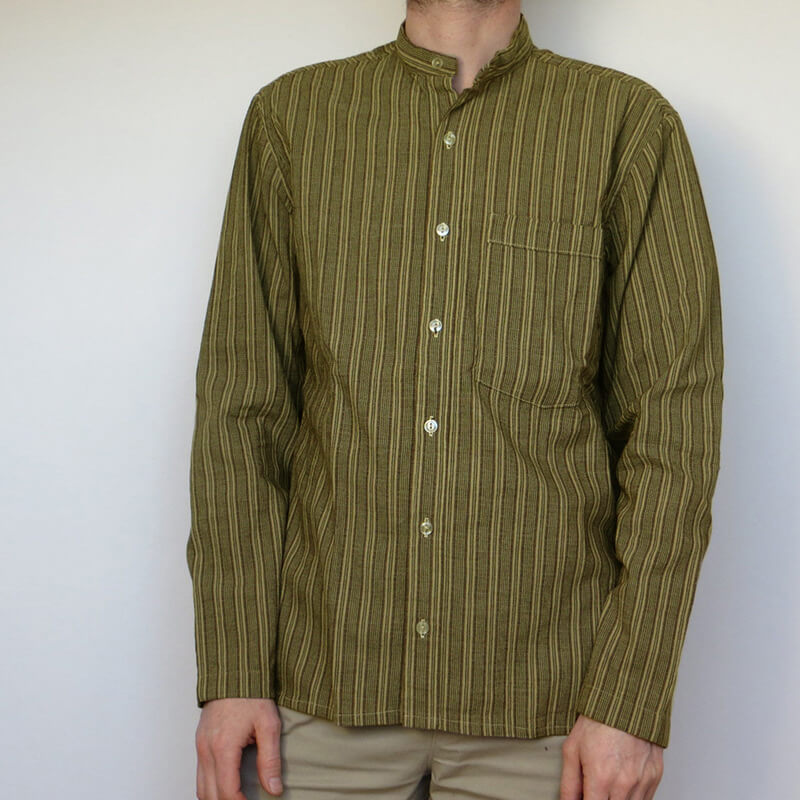 Herren Vintage Slow Fashion Gestreifter Stehkragen Bequemes Langarm-Baumwoll-Leinenhemd