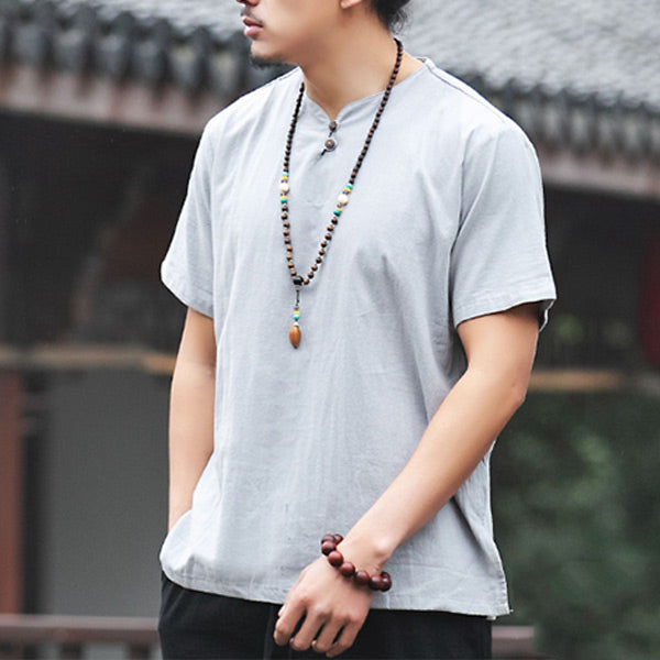 Solid color t-shirt with solid color button in cotton and linen for men