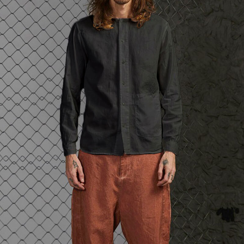 Herren kragenloses bequemes natürliches Leinenhemd