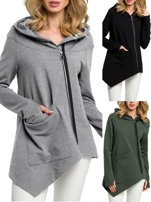 Suéteres de mujer con cremallera diagonal y bolsillo irregular.