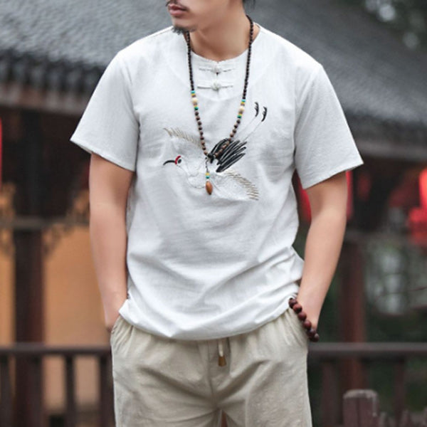 Camiseta de manga corta y lino con bordado de grulla para hombre