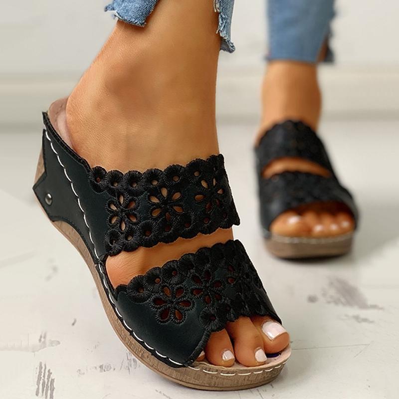 Open Toe Wedge Sandalen für Damen mit hohler Blume