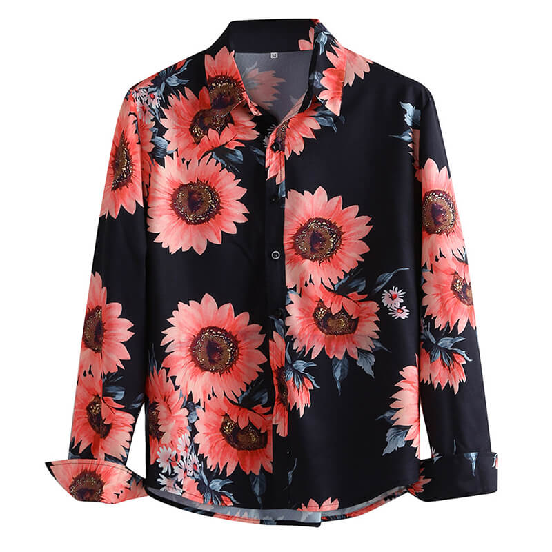 Men&#39;s fashion sunflowers Printed long-sleeved cotton blend shirts