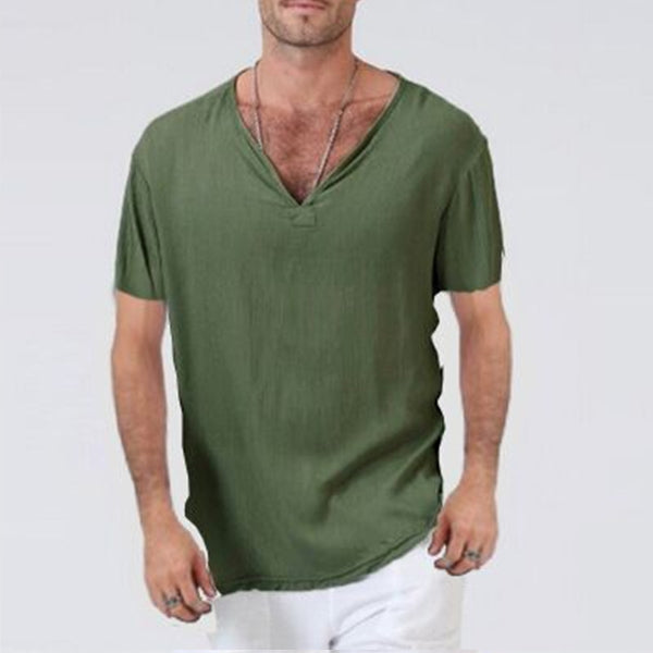 Ethnisches Kurzarm-T-Shirt aus Baumwolle und Leinen für Herren